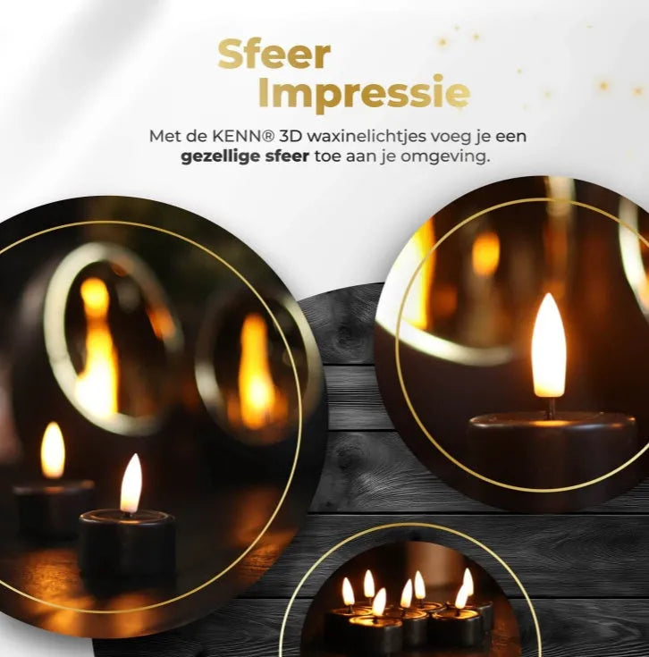 Four black S10 LED tealight candles showing their size and flickering flame effect.