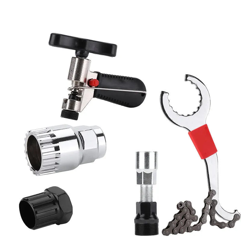 Iron bicycle repair tool set with chain cutting device and central shaft puller for mountain bike maintenance