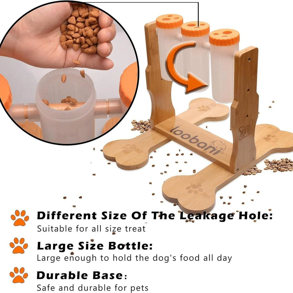 Wooden interactive dog puzzle toy and slow feeder with treat slots, 31cm long.