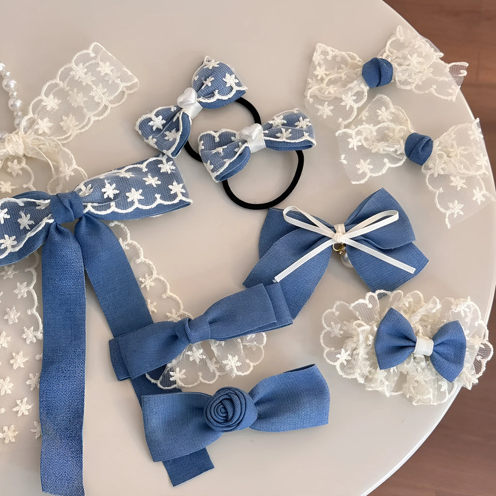 Handcrafted lace denim blue bow barrettes hairpin with beige lace and ribbon decoration