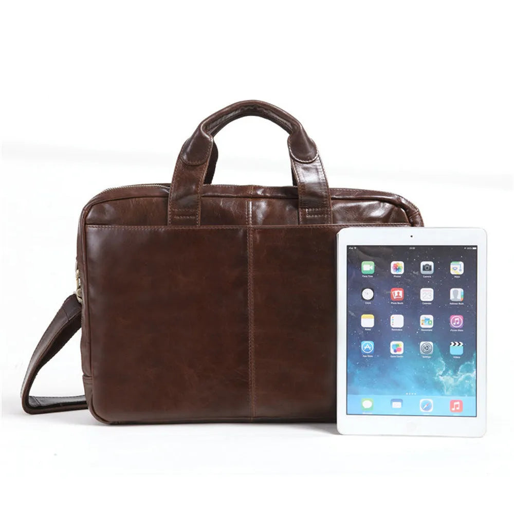 Brown first layer cowhide business briefcase with leather pattern and polyester cotton lining