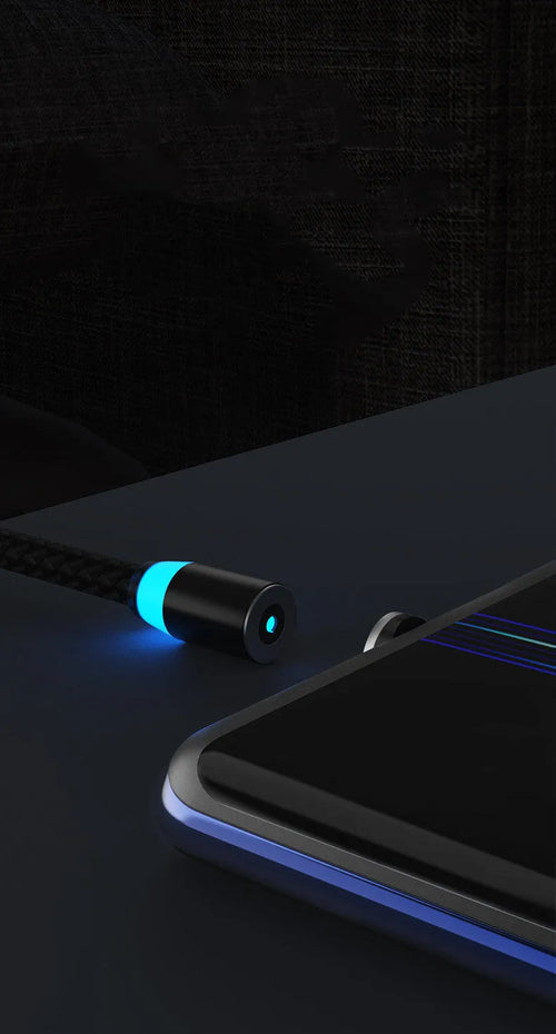 Breathing light magnetic charging cable with LED indicator and interchangeable Lightning, USB-C, and Micro USB tips.