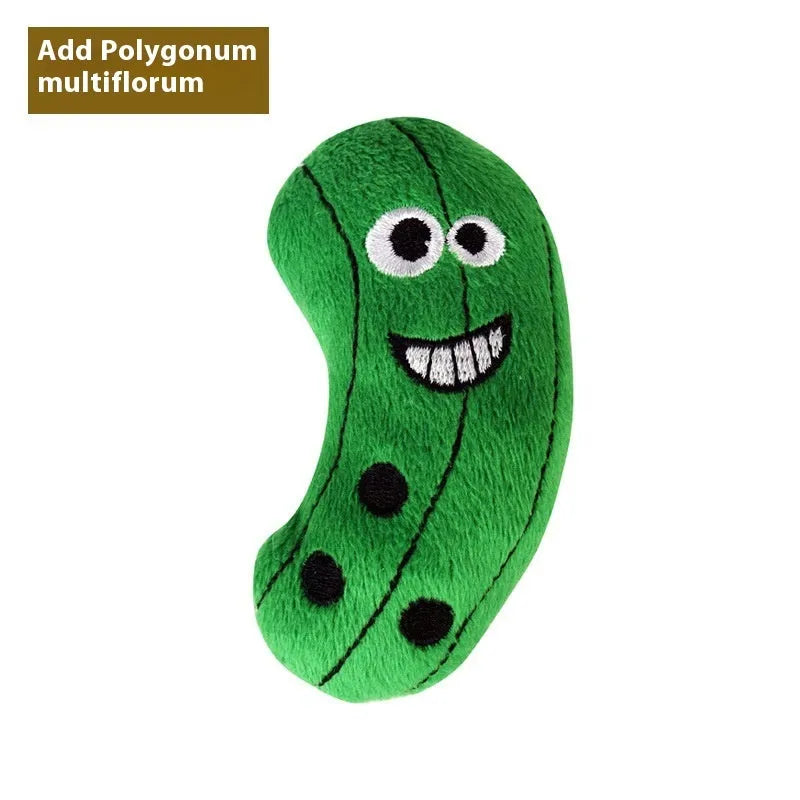 Six polygonum multiflorum catnip chew pillows in food designs including burrito, pizza, and pineapple