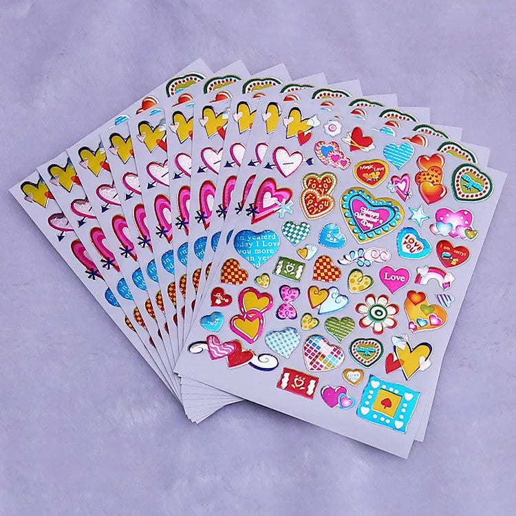 Cartoon heart reward stickers with gilding detail on waterproof laser plastic, 100 piece pack for classroom use