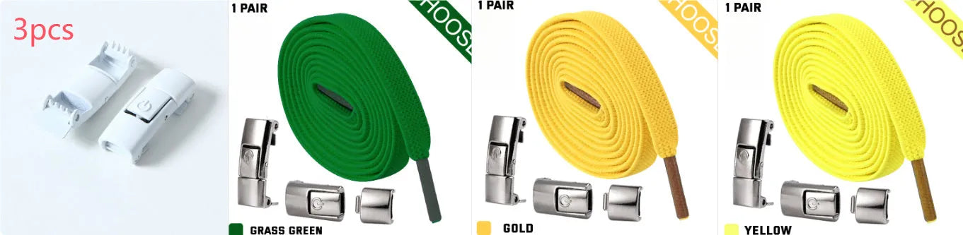 Set of press lock elastic no-tie shoelaces in 8mm widened flat design on a white background.
