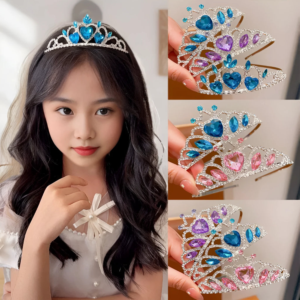 Girl's shiny metal headband with a crystal crown design in pink, light blue, and light purple colours.