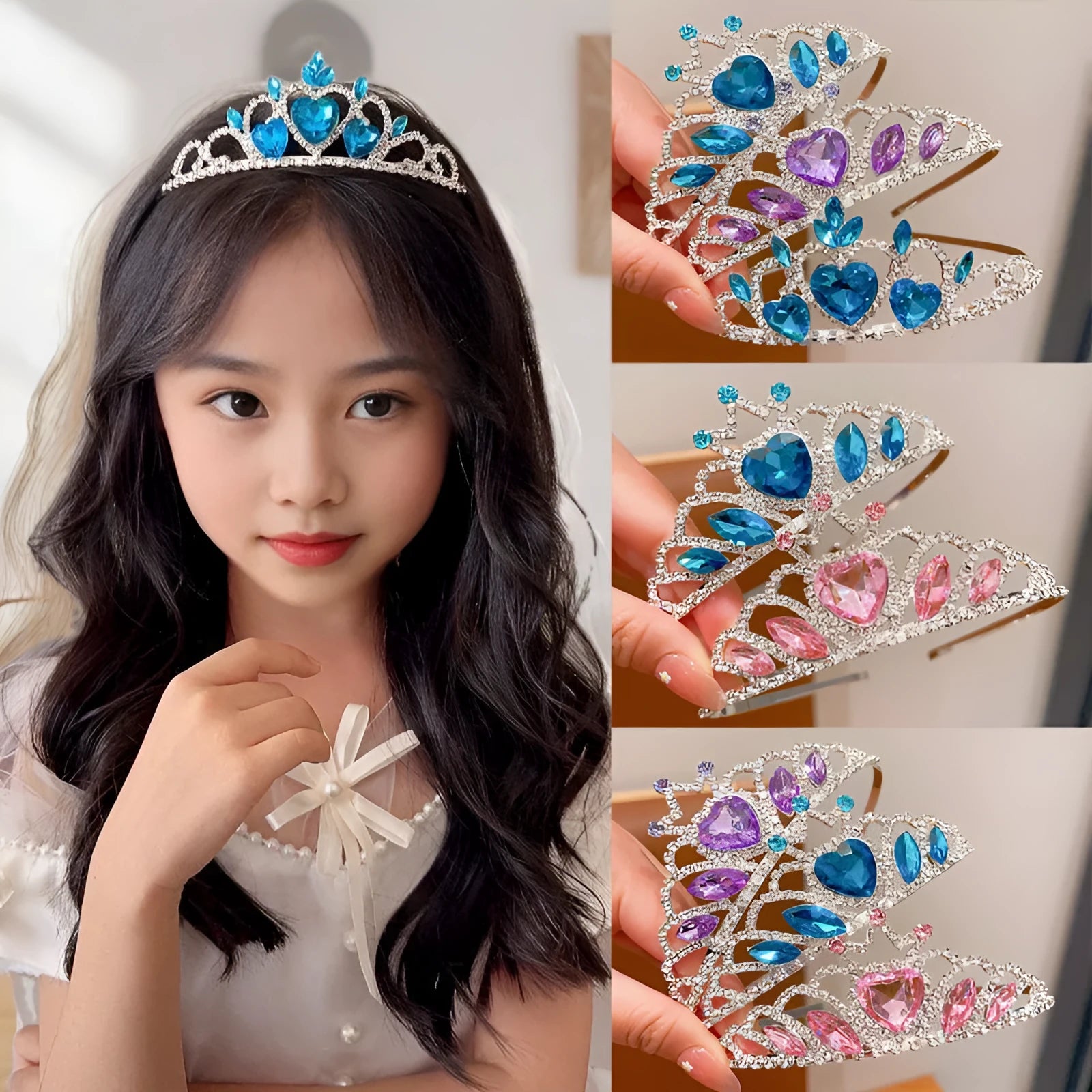 Girl's shiny metal headband with a crystal crown design in pink, light blue, and light purple colours.
