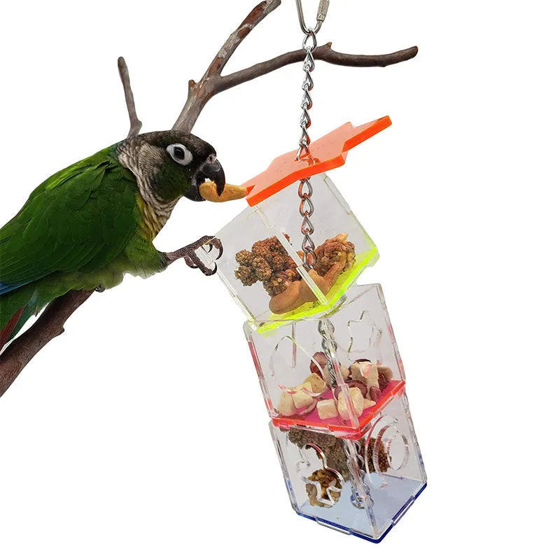 Clear acrylic bird foraging toy tube, 32 cm long, for hiding treats for parrots.