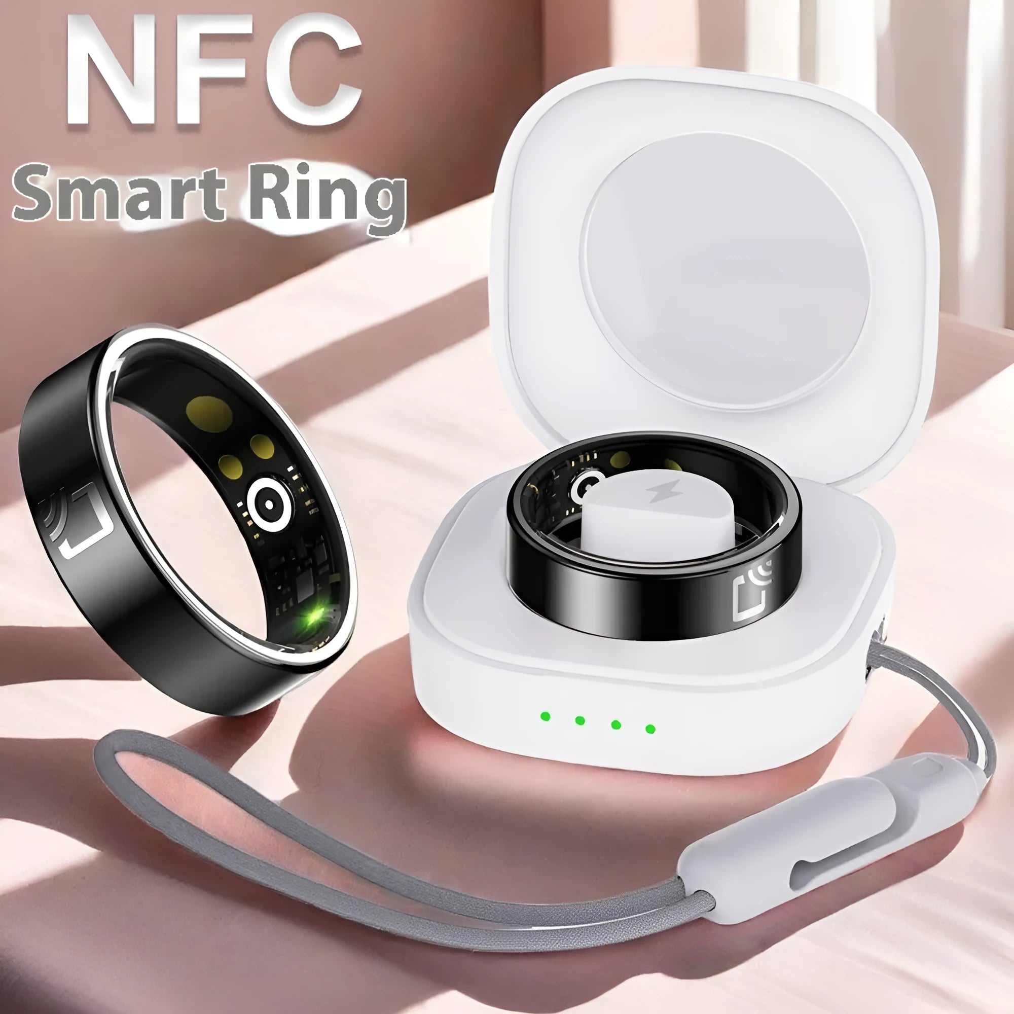 Black ceramic smart ring for health monitoring on a finger, shown with a magnetic charging cable.