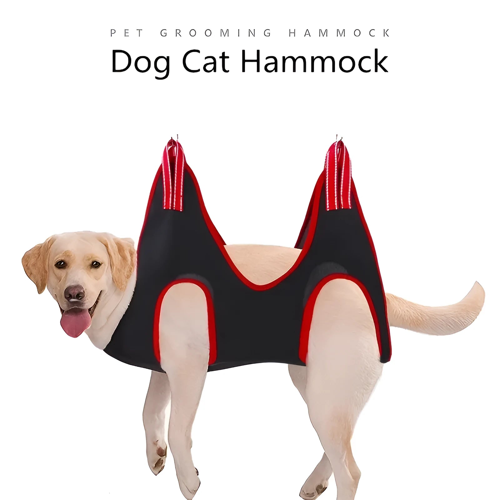 Pet grooming hammock restraint bag hanging from a hook, shown in multiple sizes for cats and dogs.