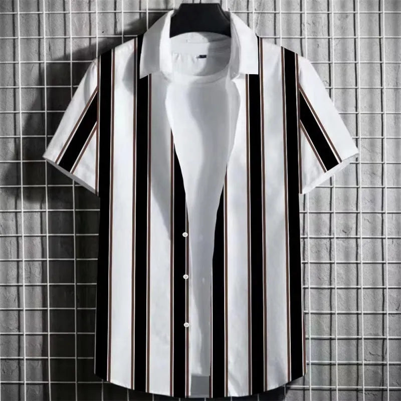 A linen men's striped short sleeve T-shirt with a 3D printed graphic, shown on a hanger.