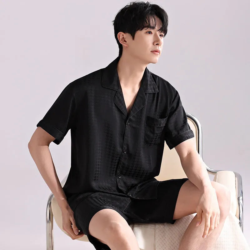 Men's artificial silk cardigan pajama set in satin jacquard plaid pattern with shorts