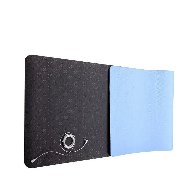 Blue conductive yoga mat with grounding wire and plant pattern, measuring 182x61cm