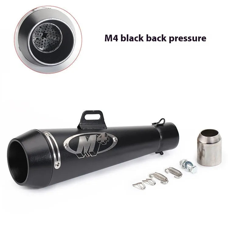 M4 universal motorcycle exhaust pipe in black finish, showing mounting hardware for large displacement bikes.