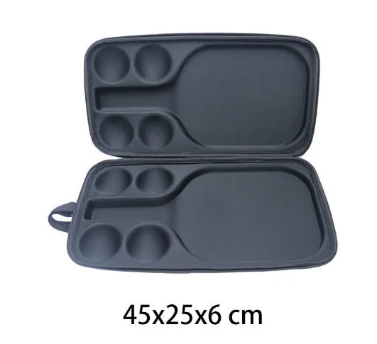 Black EVA pickleball paddle carry case with shoulder straps, showing interior space for one racket and four balls.