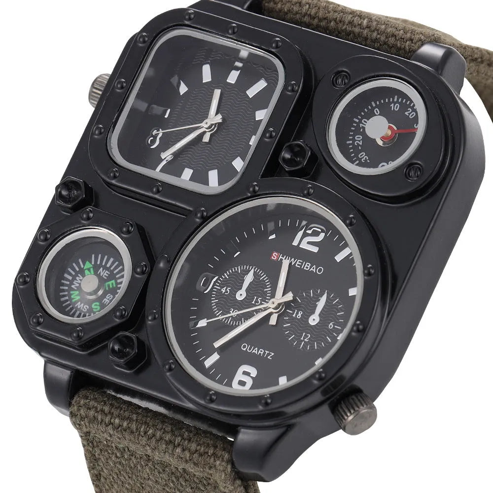 Men's sports watch with multi-time zone dial, green face, canvas strap, 5cm dial diameter, 12mm thickness