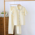 Women's yellow plaid printed short-sleeved top and loose trousers casual cotton gauze outfit set.