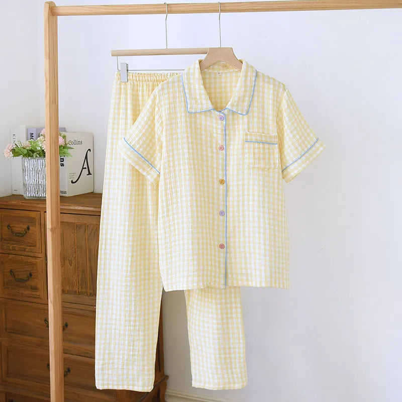 Women's yellow plaid printed short-sleeved top and loose trousers casual cotton gauze outfit set.