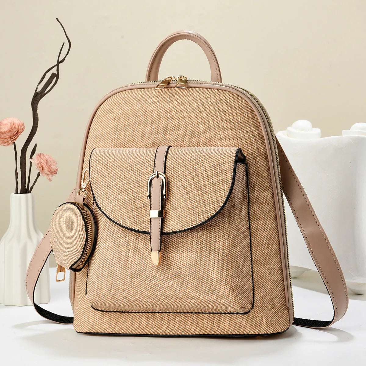 Multi-functional one-shoulder ladies travel backpack crossbody bag in PU shell shape with sandwich pocket, apricot colour, 31x28x11cm