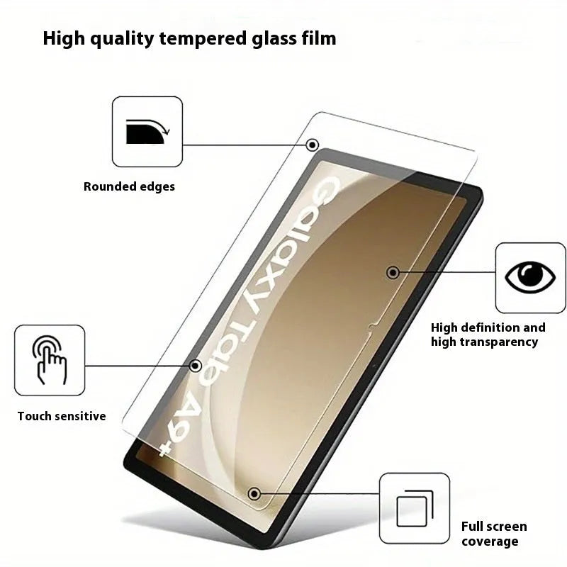 Two tempered glass screen protectors for Samsung tablets in a leather storage bag.