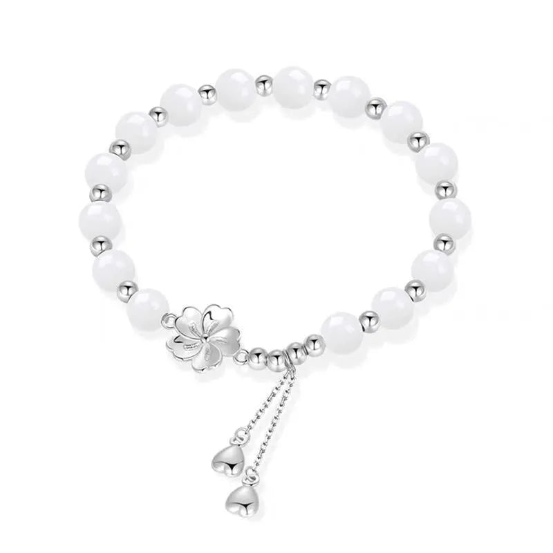 New Chinese Ins style couple's beaded bracelet with resin camellia, lotus, and peach blossom floral charms.