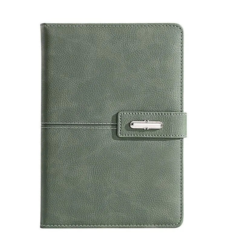 A5 notebook with PU leather cover in choice of colour, shown open on wood-free paper pages.