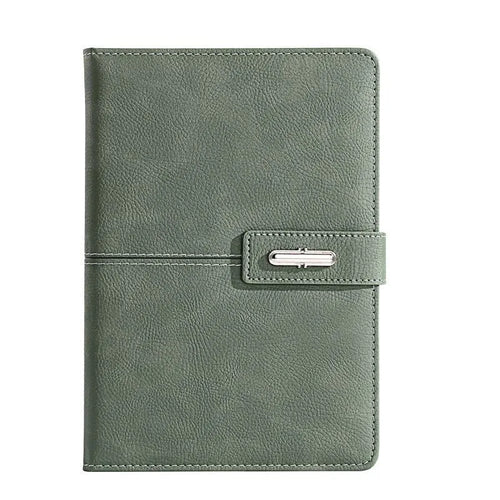 A5 notebook with PU leather cover in choice of colour, shown open on wood-free paper pages.