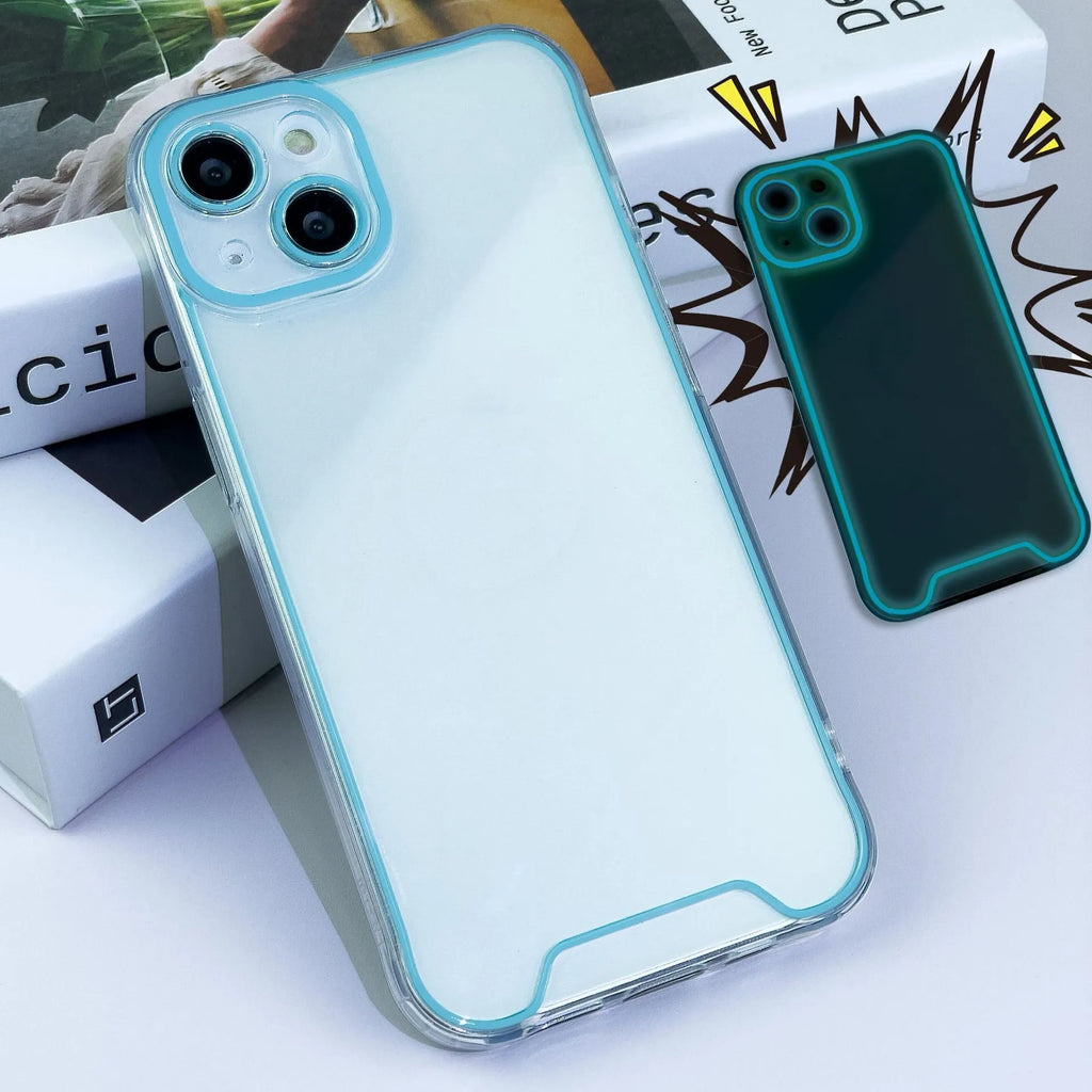 Glow in the dark soft TPU phone case for iPhone on a dark background, showing luminescent green colour.
