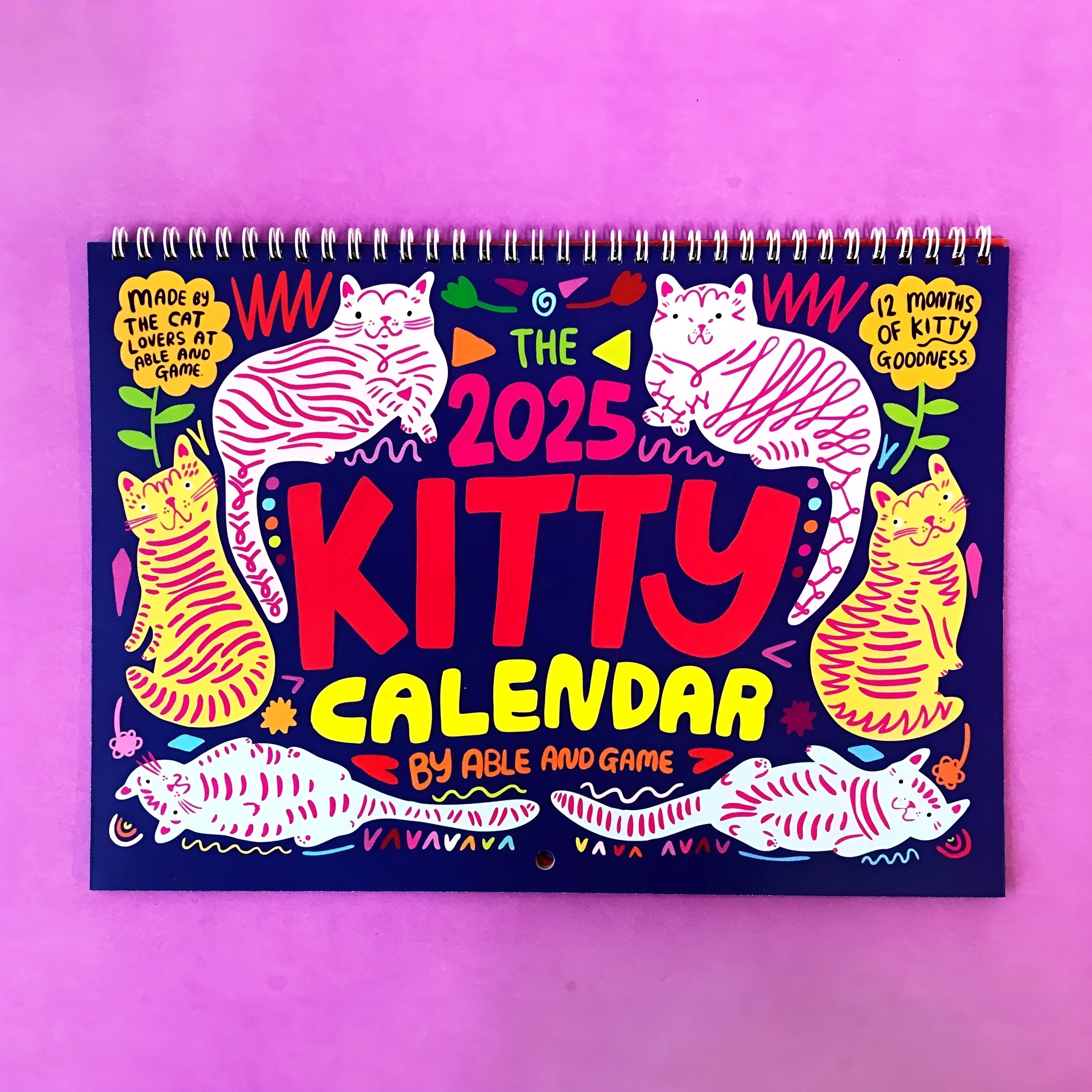 A3 landscape paper wall calendar with cat illustrations for 2024 or 2025