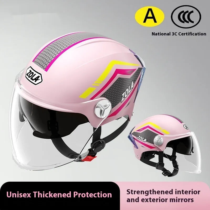 3C certified motorcycle half helmet showing integrated sun visor and dual anti-fog mirrors on a swivel mount.