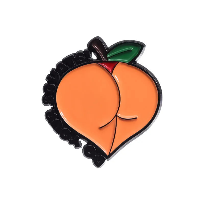 Colourful cartoon fruit design metal brooch with a silver pin fastener on the back.