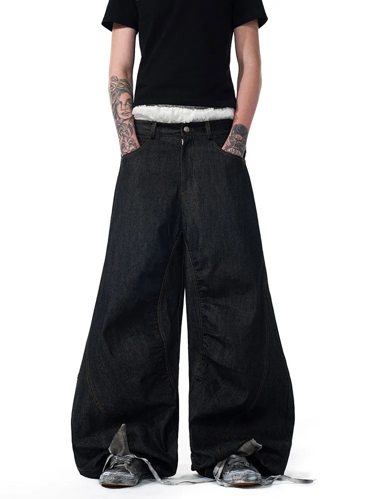 Black Korean wide leg jeans with temperature-sensitive red ear embroidery