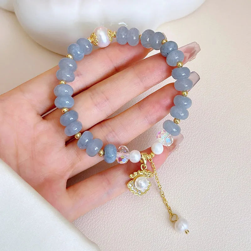 Manual craft natural aquamarine pearl and shell healing bracelet with adjustable design