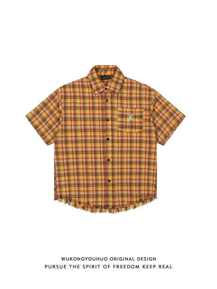 Yellow grid plaid shirt with embroidery pocket detail, loose fit short sleeve design