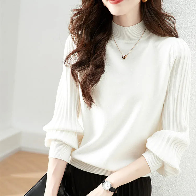 Women's slim-fit half turtleneck shirt with sunken stripe detail in apricot colour.