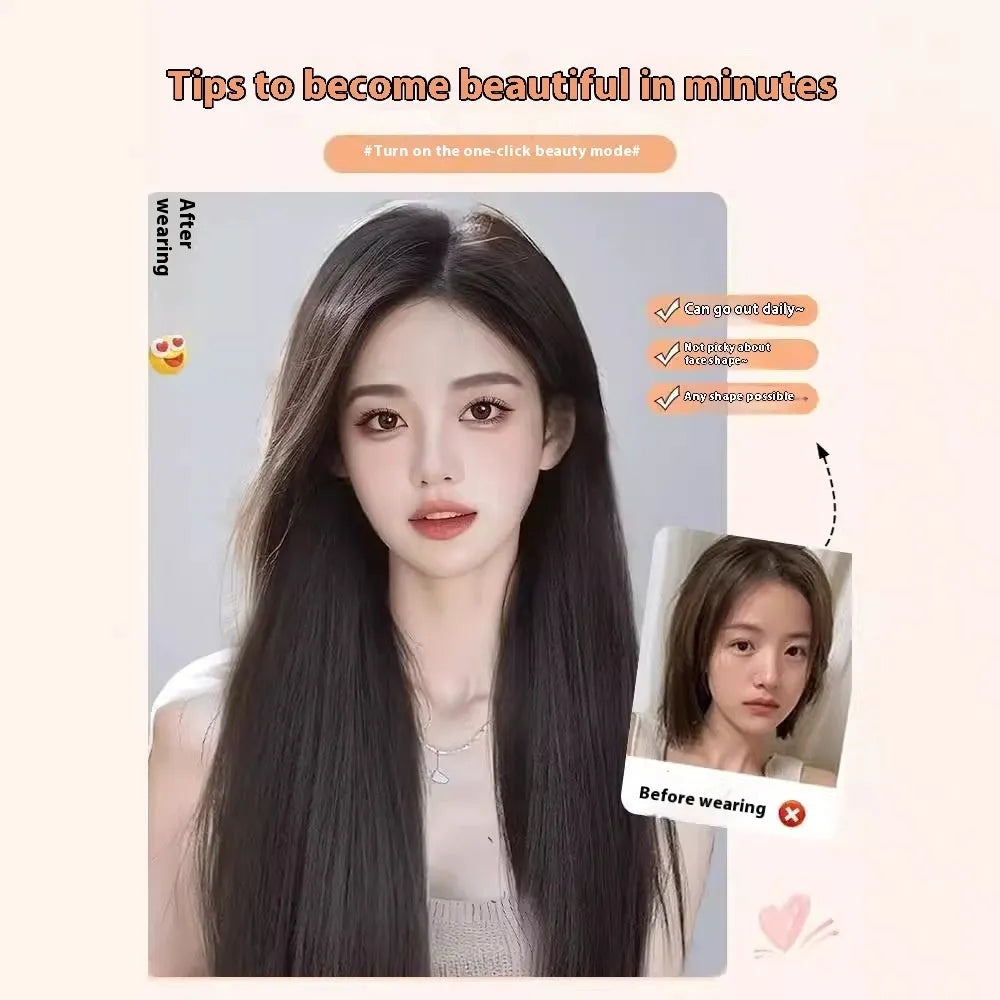 Forehead lace long straight wig with side bangs in high temperature fibre material
