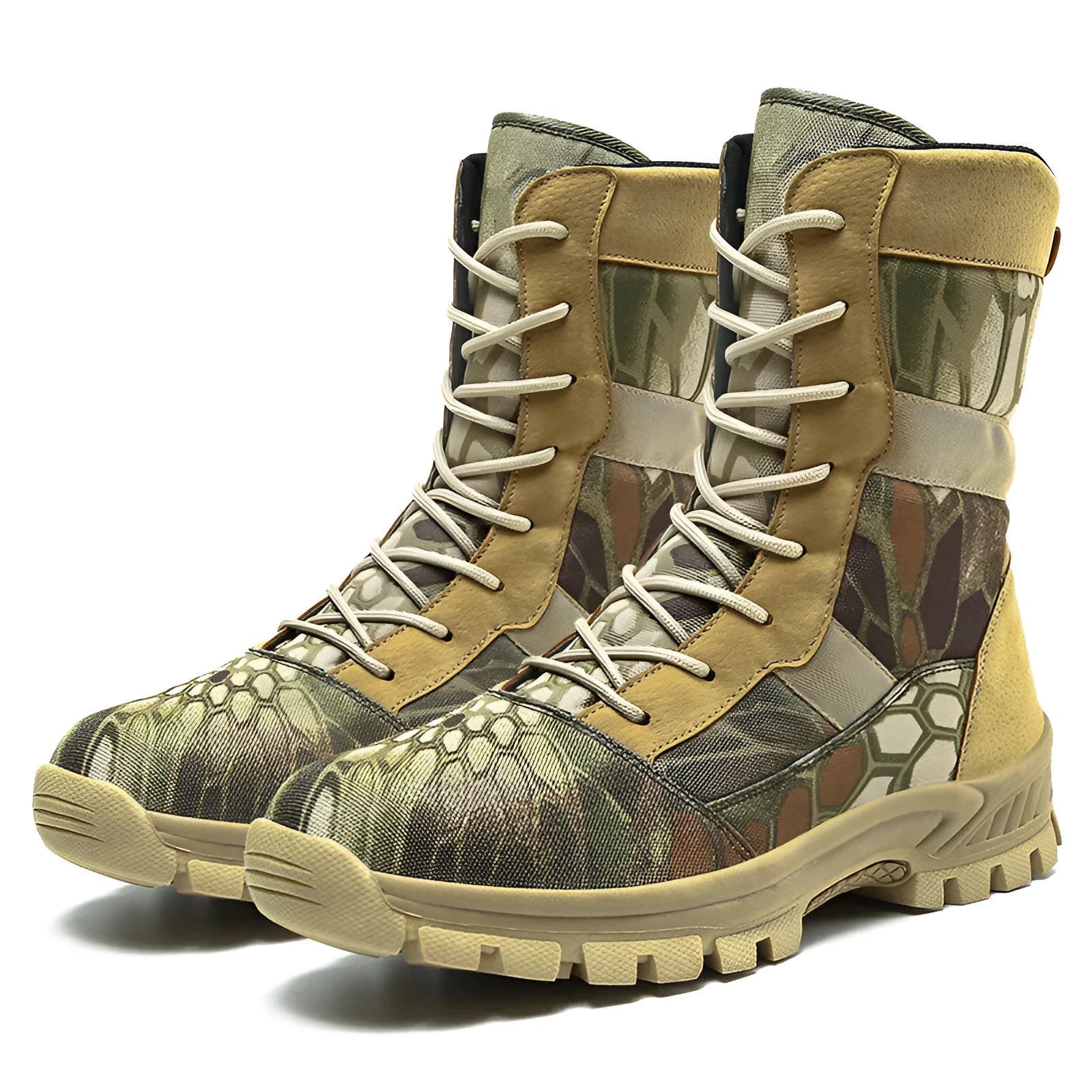 Men's black and camouflage plus size high-top mesh combat boots with totem detail.