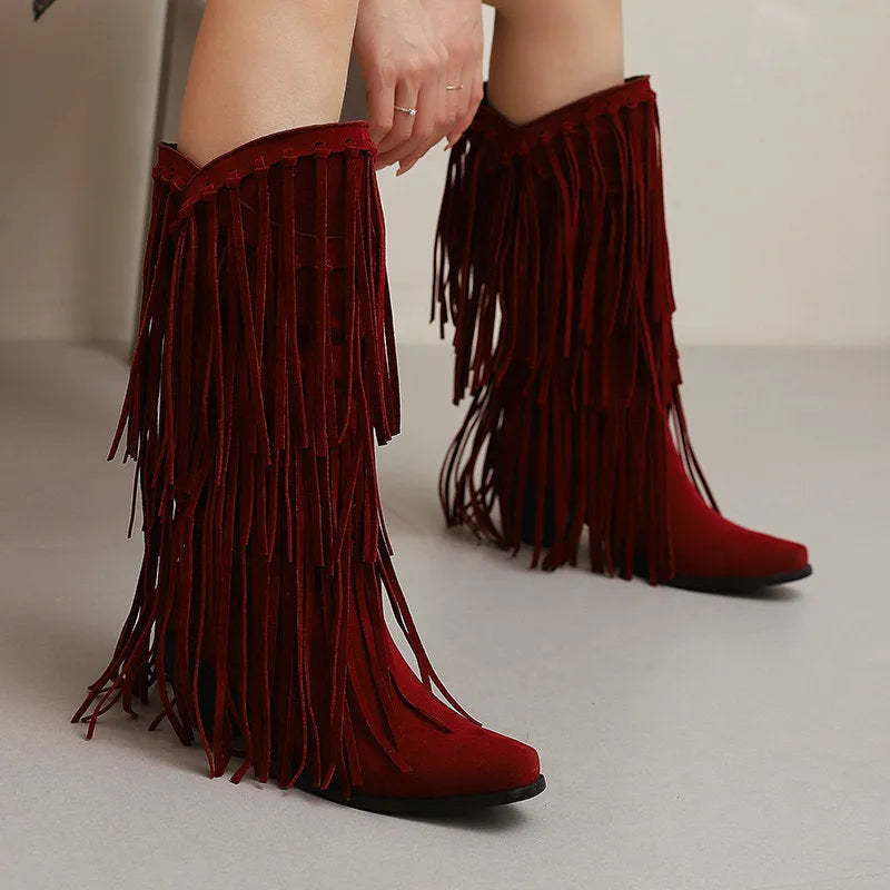 Women's suede high boots with chunky heel and square toe in beige, black, brown, red, yellow.