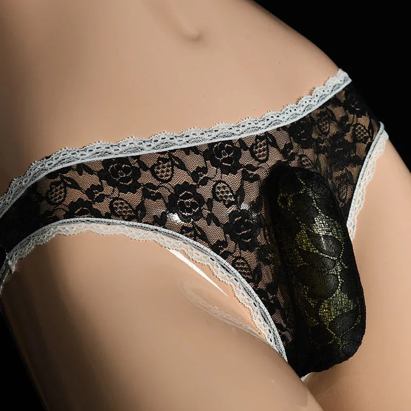 Men's lace brief underwear with vertical pouch design in multiple colour options