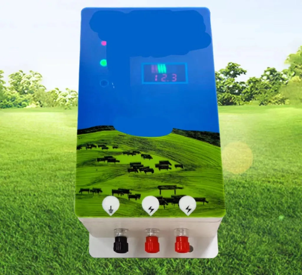 Pasture electric fence control host unit with alarm display and solar panel for livestock containment.