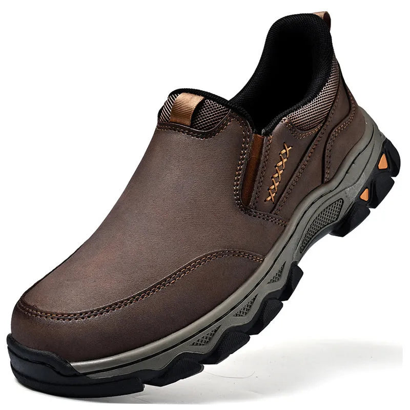 Men's dark brown casual leather shoes with a flat heel and round toe on a white background