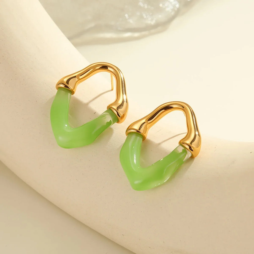 Stainless steel earrings with colour resin stitching and 18K gold plating