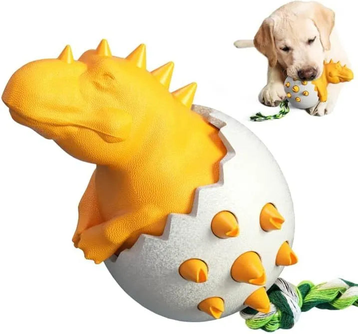 Blue durable rubber dino dog chew toy with attached nylon rope for aggressive chewers.