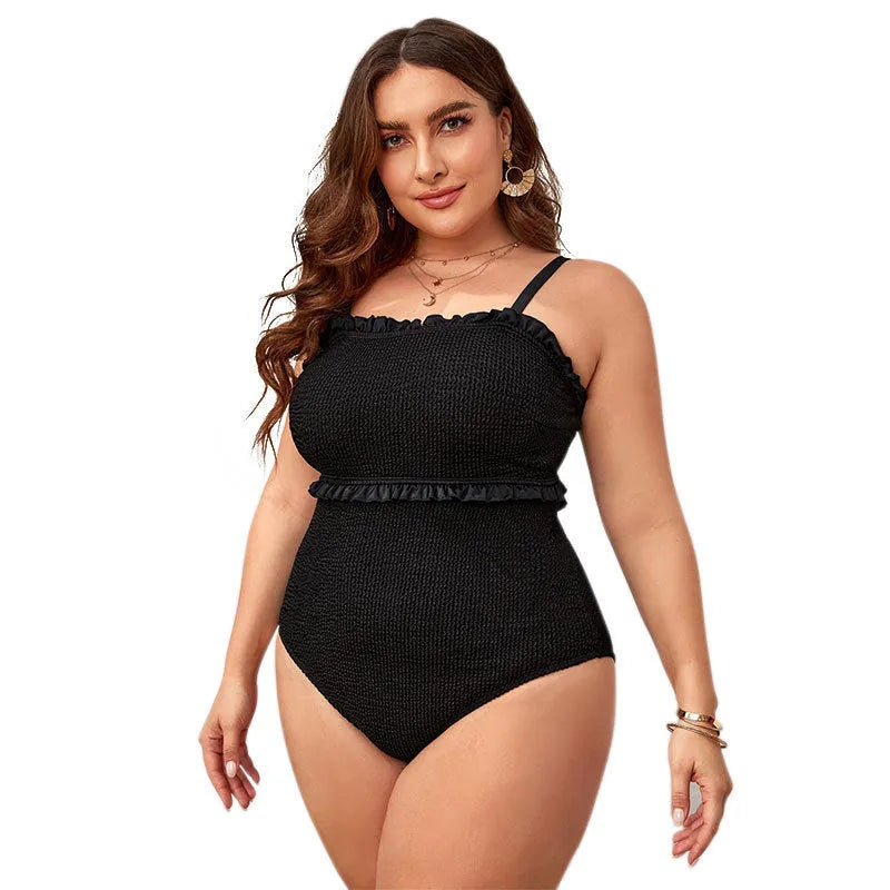 Black plus size women's bikini swimsuit with double shoulder straps and belly coverage.
