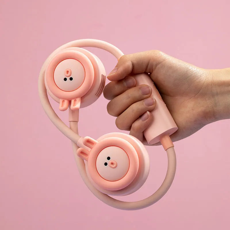 Pink and blue folding hanging neck fan showing leafeas design and USB charging port