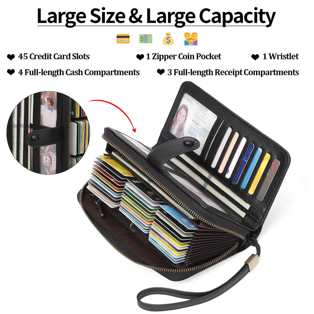 Light brown expanding card holder wallet for women showing multiple card slots and anti-theft swiping feature.