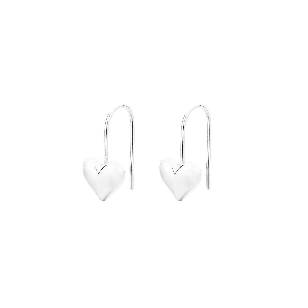Silver coloured heart-shaped earrings with a glossy three-dimensional design on a white background.