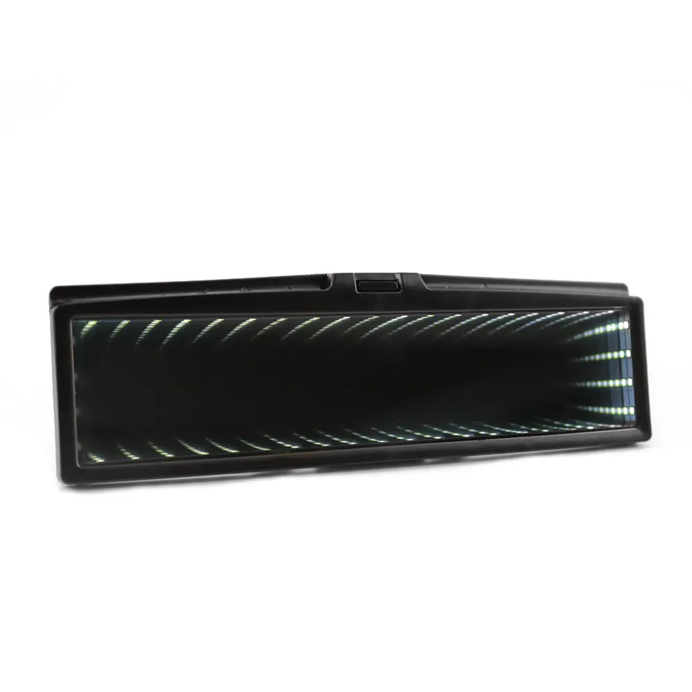 Blue flat car rearview mirror with wide 280mm anti-glare surface and built-in LED lighting.