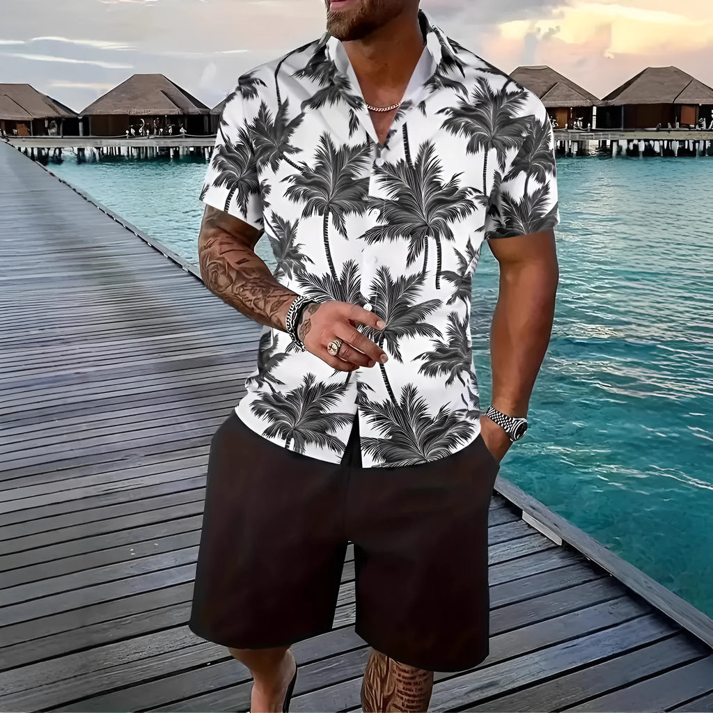 Men's 3D printed Hawaiian pattern short sleeve shirt and matching shorts co-ord set.