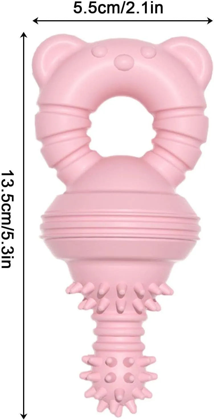 Blue rubber dog chew toy with concave-convex texture and a bell, for aggressive chewers and teeth cleaning.